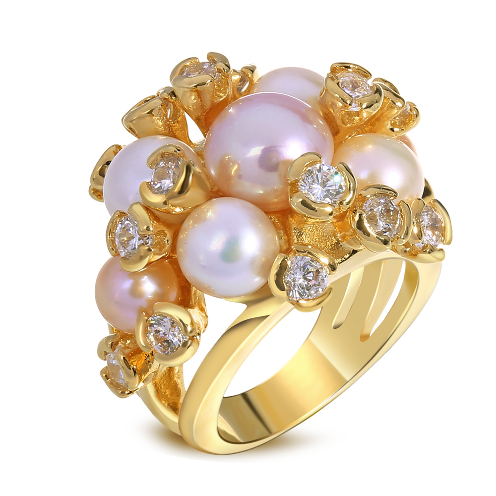 Gold Plated Freshwater Pearl Ring With Aaa Clear Cubic Zirconia With Platinum And 18k Real Gold Plated