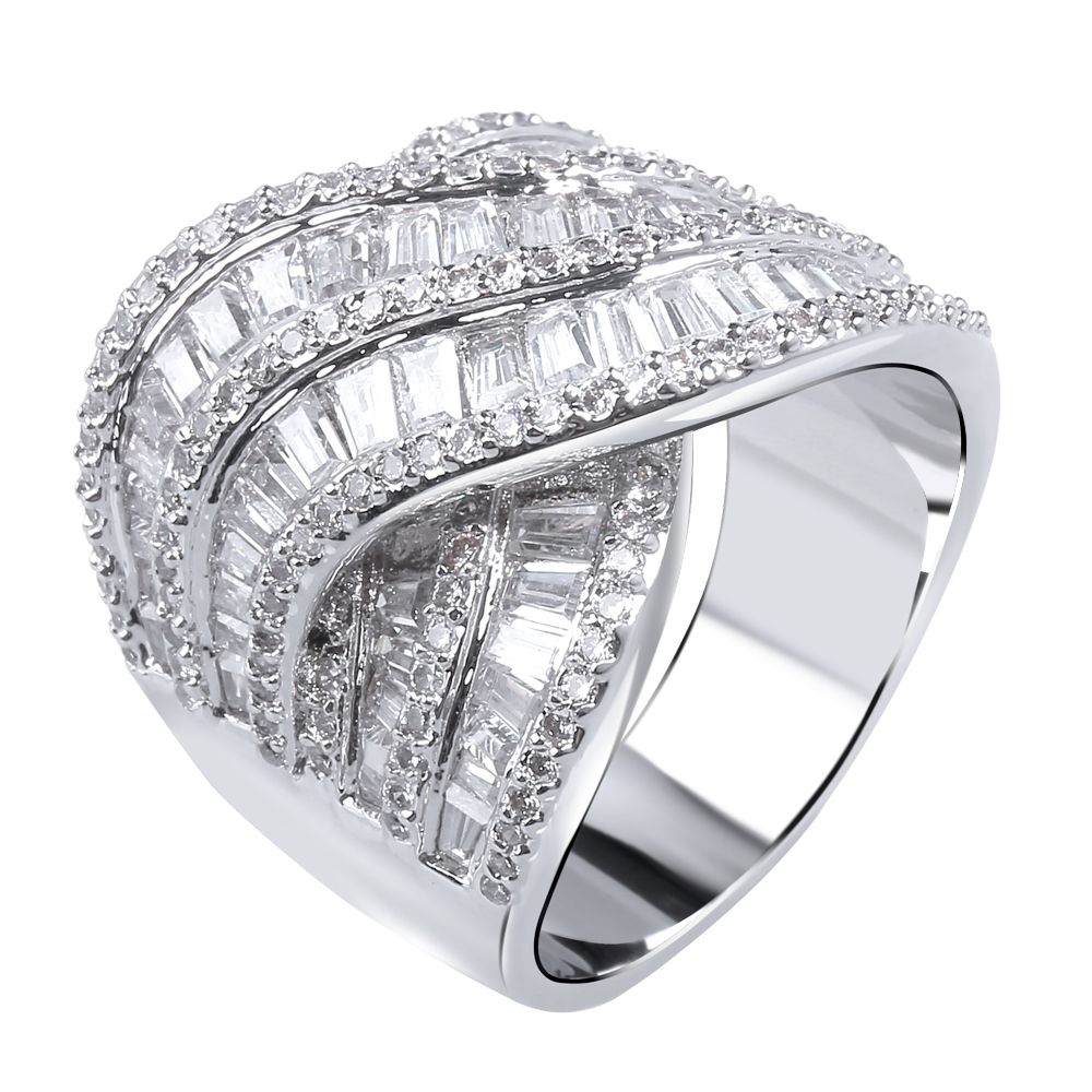 Luxury Big Zircon Rings For Women Paved With Aaa Clear Cubic Zirconia With Platinum And 18k Real Gold Plated